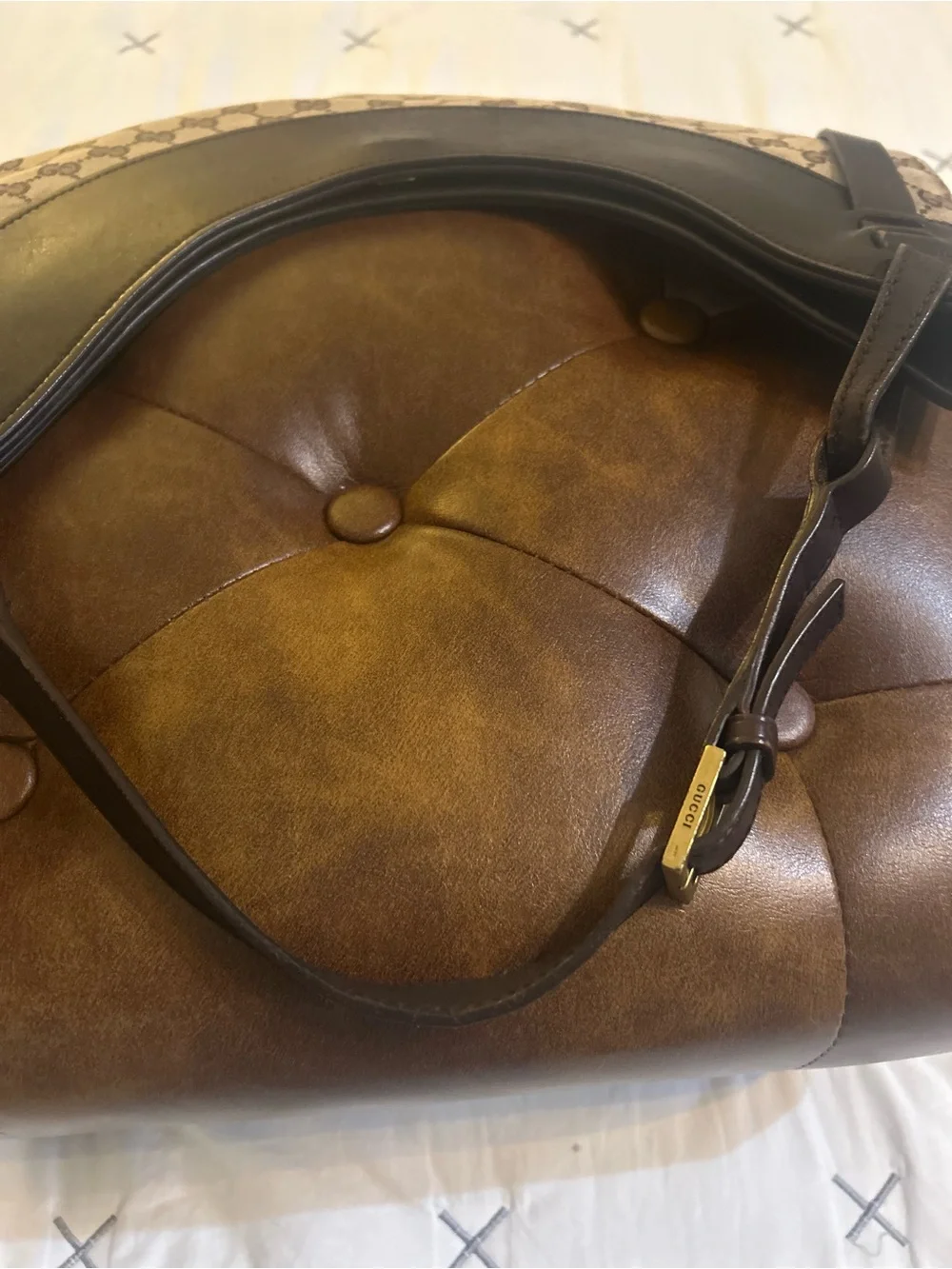 Rare & Authentic Vintage Gucci Beige Brown GG Canvas Crescent Hobo Bag